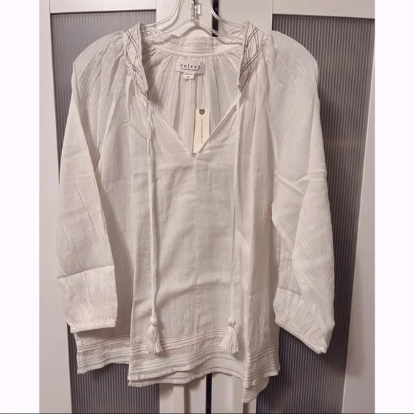 NWT Anthropologie Velvet by Graham & Spencer White Lena Peasant Blouse Tunic - Picture 3 of 16